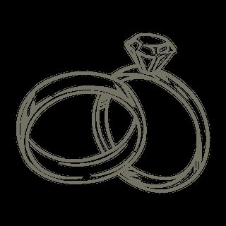 Line drawing illustration of an engagement ring and wedding band set on black background