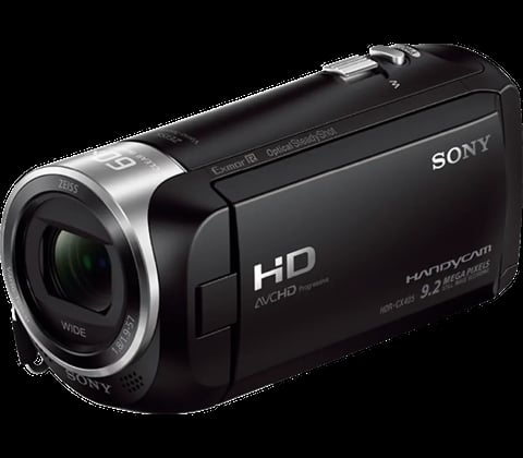 Sony Handycam HD black video camera with silver lens on white background