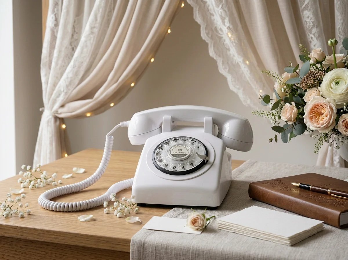 Vintage white rotary telephone on wooden desk with flowers, books, and decorative curtains with string lights in background