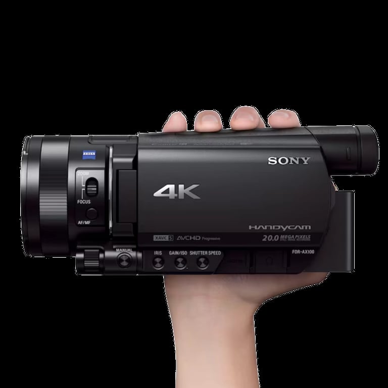 Hand holding a black Sony 4K Handycam video camera against a black background